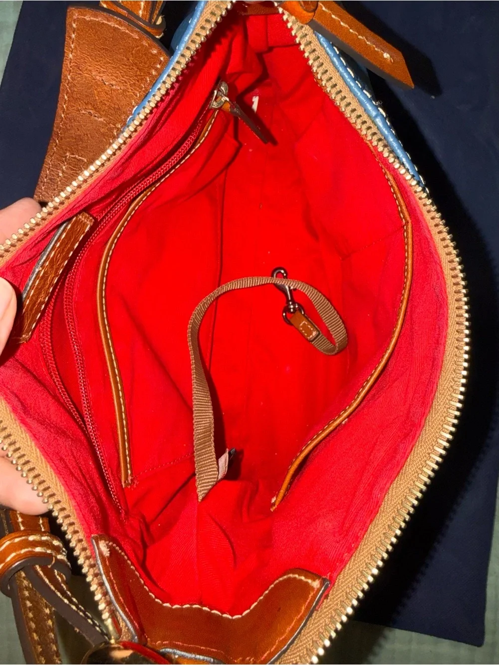 Dooney & Bourke Pebble Grain Leather Hobo Handbag - Color: Blue/British Tan Trim